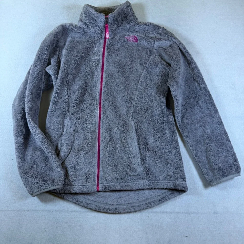The North Face Girls XL 18 Grey Osito High Pile Full Zip Fleece Jacket Pink Trim